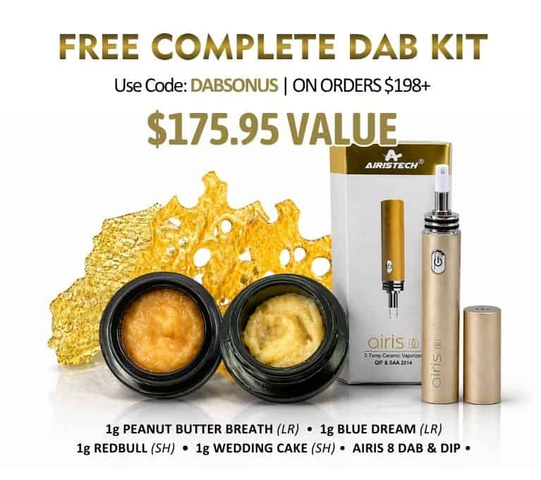 Premium cannabis dab kit featuring concentrates, torch, and tools with “Free Complete Dab Kit” promotion and $175.95 value displayed