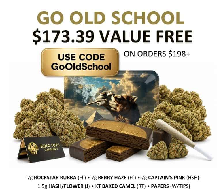 Old school cannabis buds with hash and promo text “$173.39 value free on orders $198+ use code GoOldSchool” displayed in a product banner