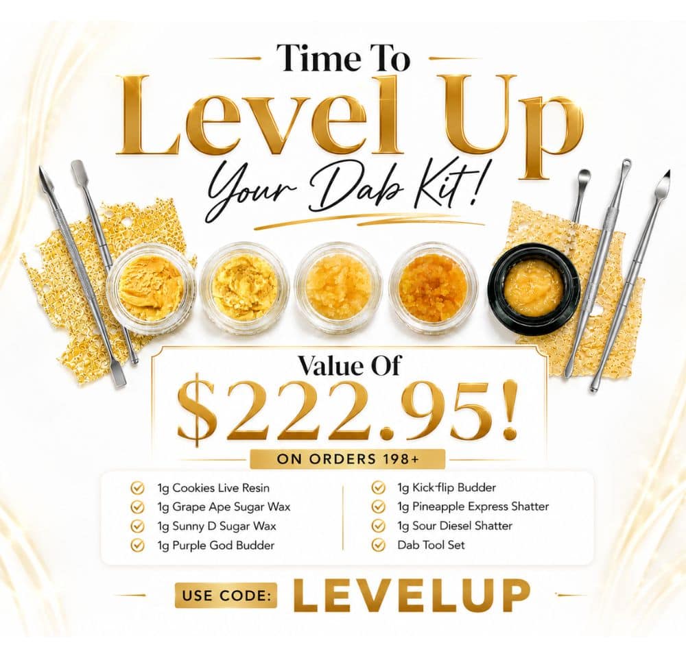 Luxury cannabis promotion banner for Level Up featuring gold vape cartridges, infused pre-rolls, premium concentrates, and a limited-time savings offer of $222.95 with elegant white and gold branding.