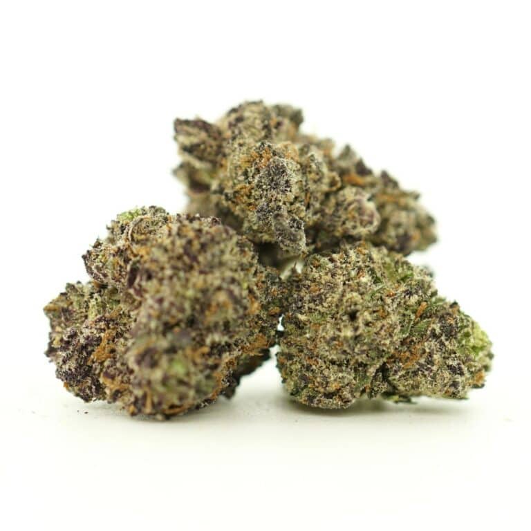close-up image of gods green crack cannabis bud with frosty trichomes on a crisp white background