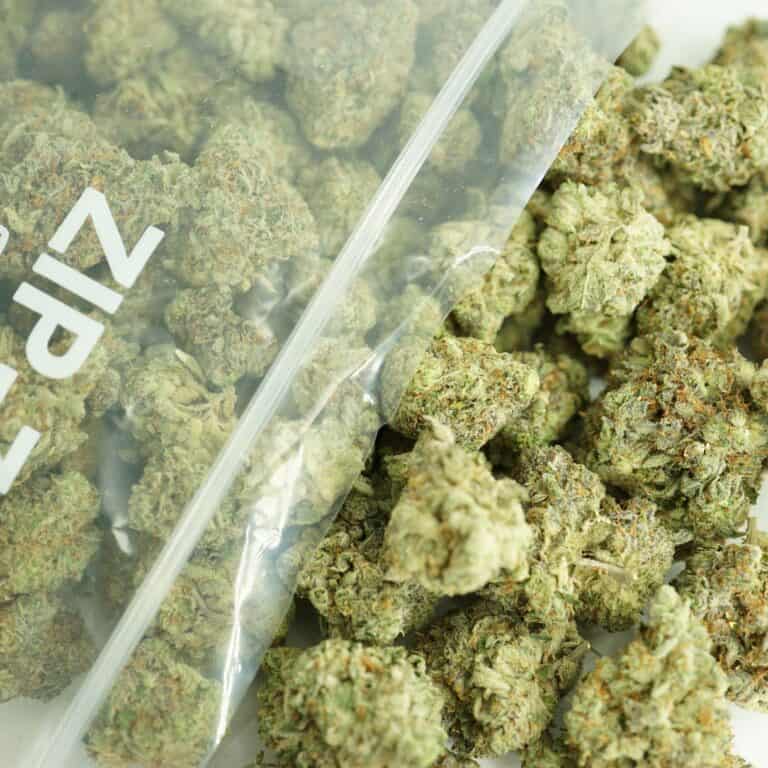 black bobby bulk close-up image of cannabis buds spilling out of a clear ZIP-ZAG plastic bag onto a white surface, showing dense green nugs with visible trichomes and orange hairs.