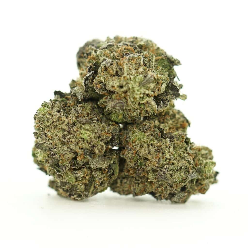 close-up image of cannabis bud with frosty trichomes on a crisp white background