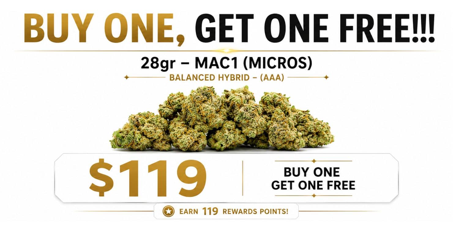 MAC1 Micros balanced hybrid AAA promotion featuring buy one get one free pricing at $119 for 28 grams with cannabis flower displayed on a white background.