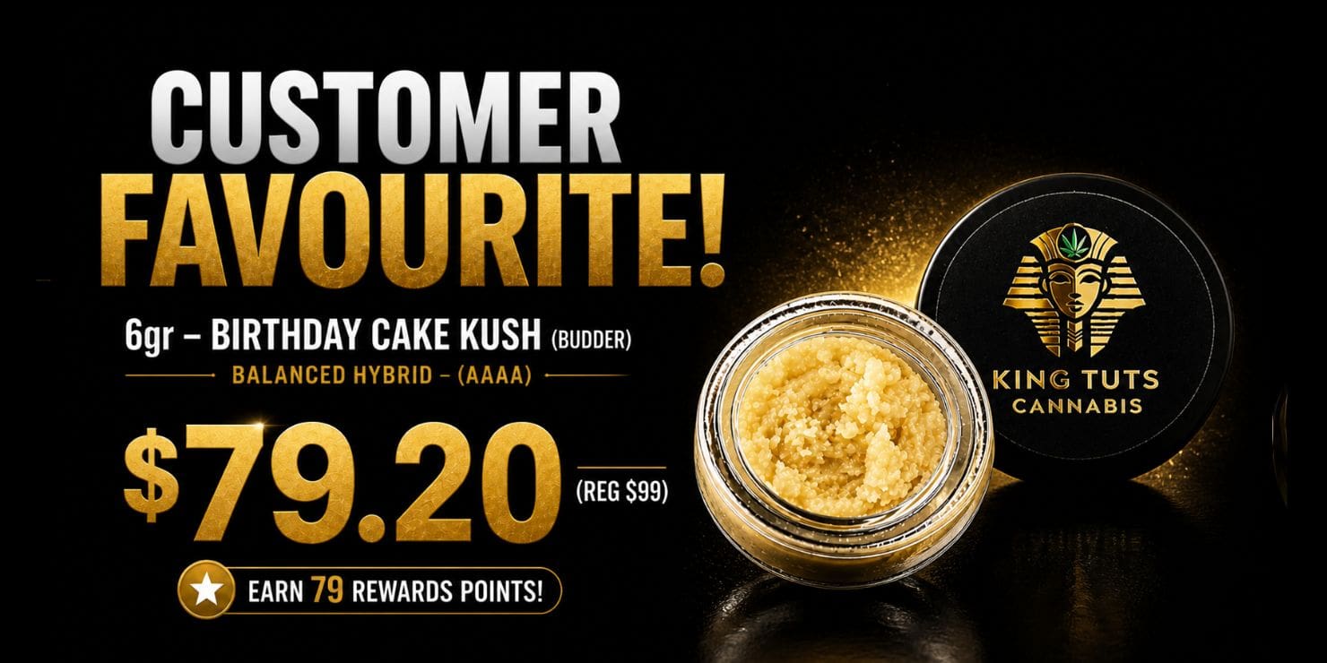 6g Birthday Cake Kush budder balanced hybrid AAAA cannabis concentrate promotional graphic with $79.20 price, rewards points offer, and King Tuts Cannabis branding on black background