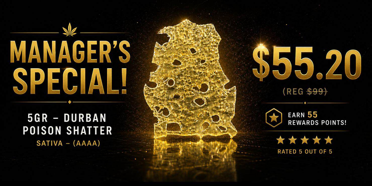 Promotional banner featuring Urban Poison Shatter cannabis concentrate with a black and gold luxury design, glowing gold skull graphic, 5 gram size, $55.20 sale price, and Manager’s Special branding.