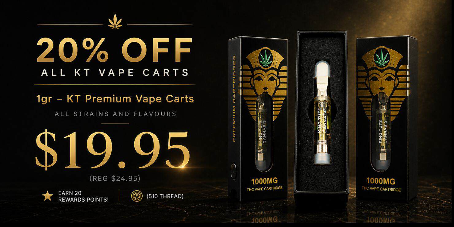 Promotional banner featuring 1 gram vape cartridges with a black and gold luxury design, 20% off all KT vape carts, displayed vape packaging, and $19.95 sale pricing.