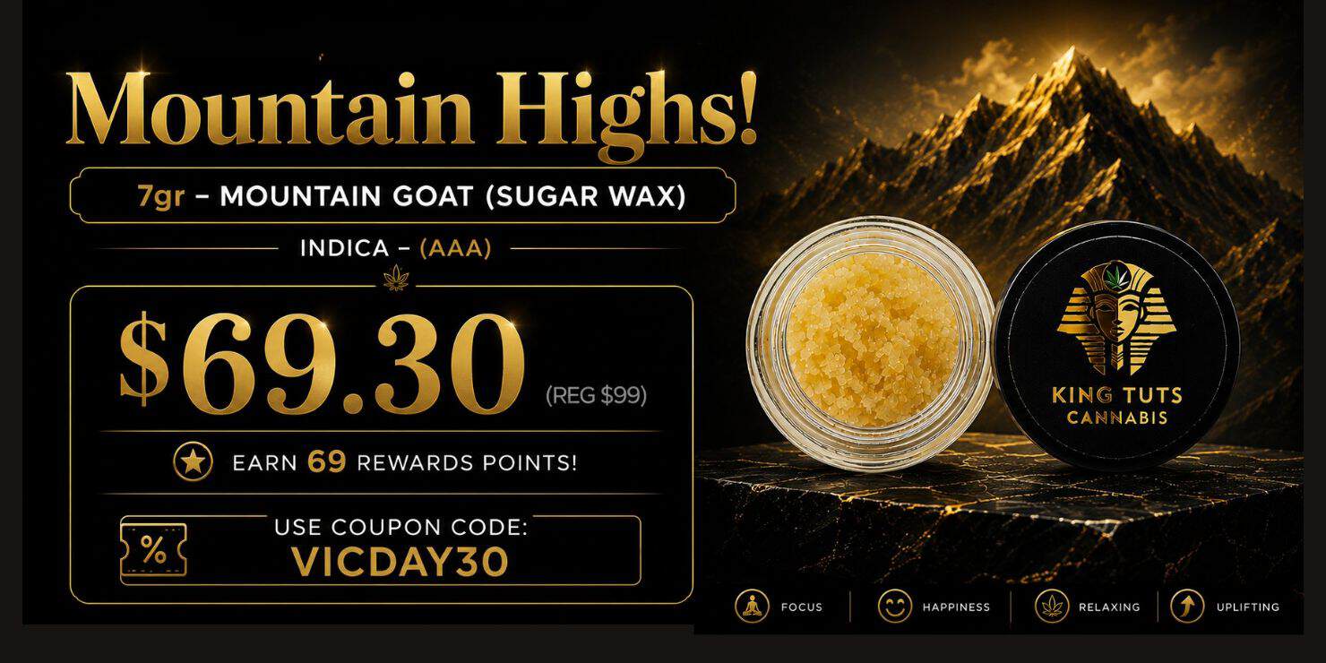 Mountain Goat Sugar Wax cannabis concentrate promo banner featuring a luxury black and gold design, jar of sugar wax extract, mountain background imagery, 7g indica product pricing at $69.30, and VICDAY30 coupon code.