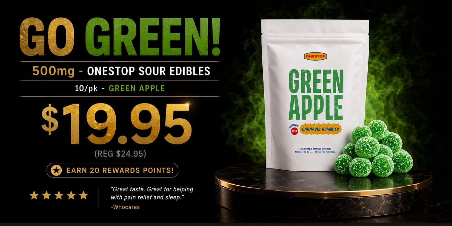 Green Apple cannabis gummies promotion featuring bright green sugar-coated gummies, premium black and gold branding, and 500mg THC edible pricing from King Tut’s Cannabis.