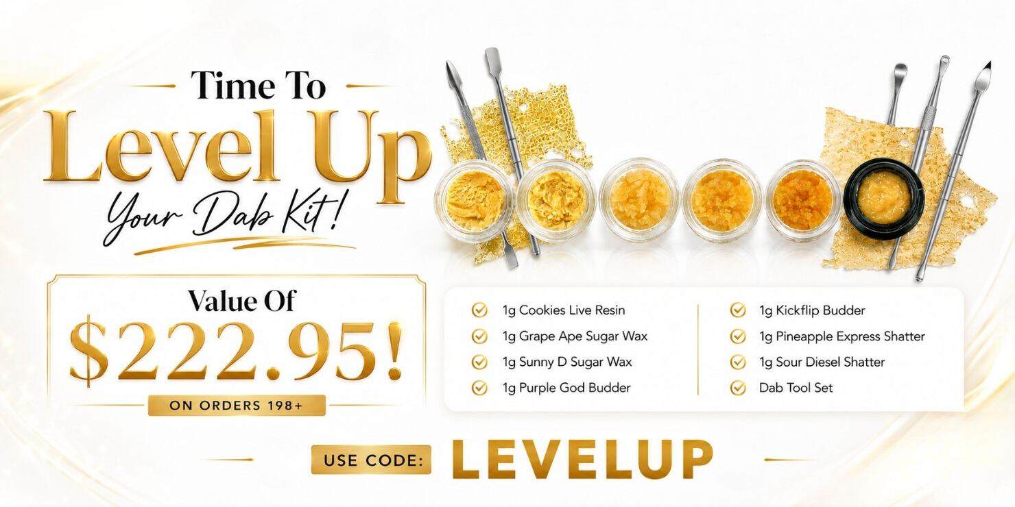 Luxury cannabis promotion banner for Level Up featuring gold vape cartridges, infused pre-rolls, premium concentrates, and a limited-time savings offer of $222.95 with elegant white and gold branding.