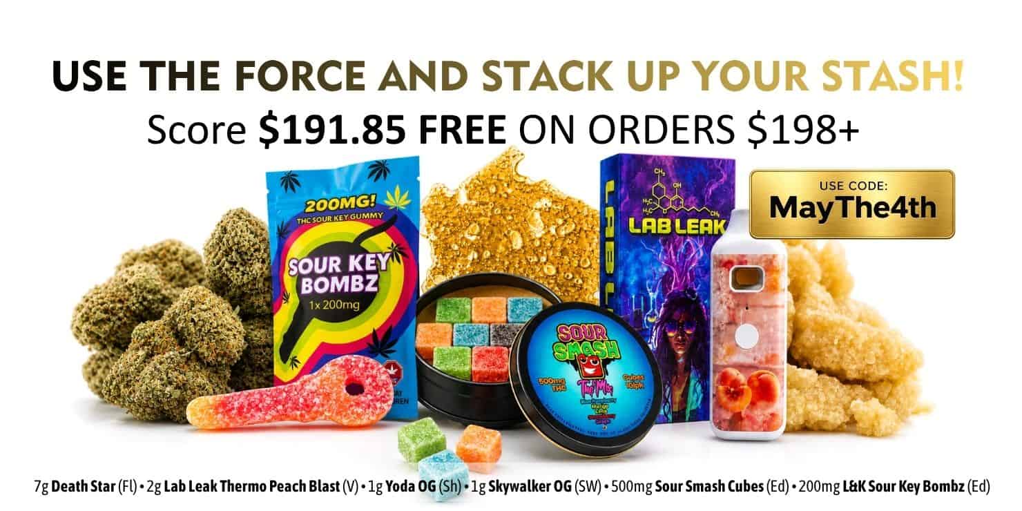 Promotional cannabis bundle graphic featuring flower, gummies, vape, and concentrates with “Use the Force and stack up your stash” headline and MayThe4th discount code.