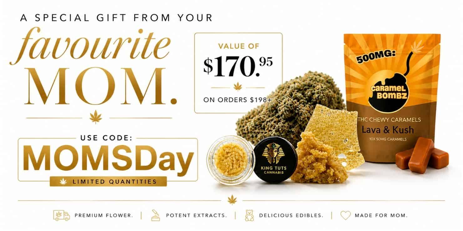 Promotional banner featuring a Mother’s Day cannabis gift offer with gold and white luxury styling, cannabis flower, infused gummies, pre-rolls, and a free $170.95 care package on orders over $198 using code MOMSDay.