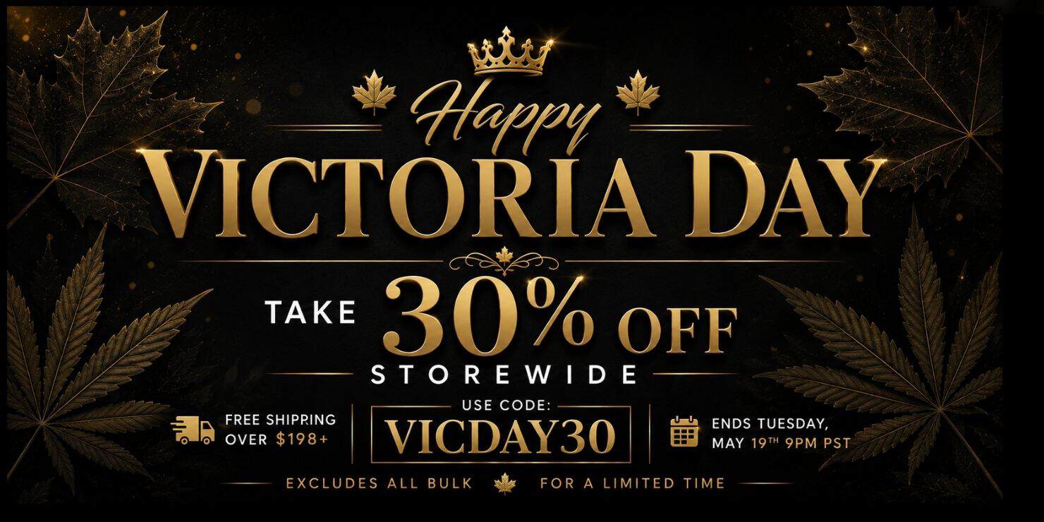 Victoria Day promo banner featuring a black and gold luxury design with “Happy Victoria Day,” 30% off storewide sale, cannabis leaf background accents, free shipping over $198, coupon code VICDAY30, and premium holiday sale styling.