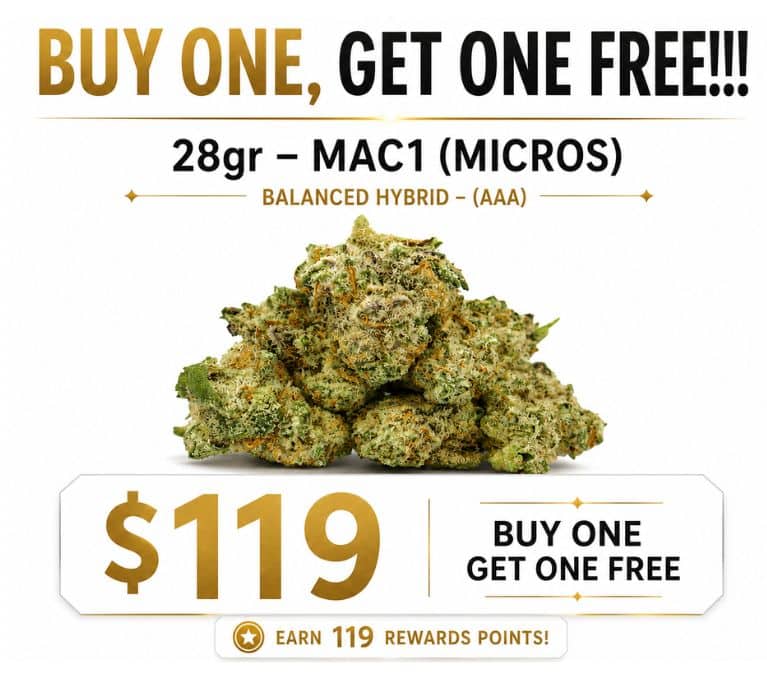 MAC1 Micros balanced hybrid AAA promotion featuring buy one get one free pricing at $119 for 28 grams with cannabis flower displayed on a white background.