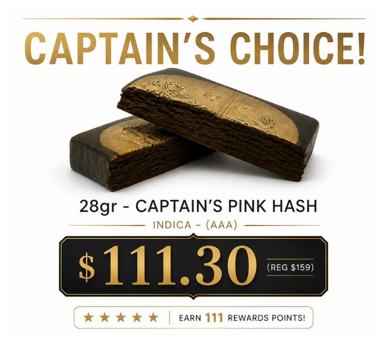 Captain’s Choice promotional banner featuring Captain’s Pink Hash in a premium white and gold design, advertising 28g hash for $111.30 with stacked hash pieces and King Tut’s branding.