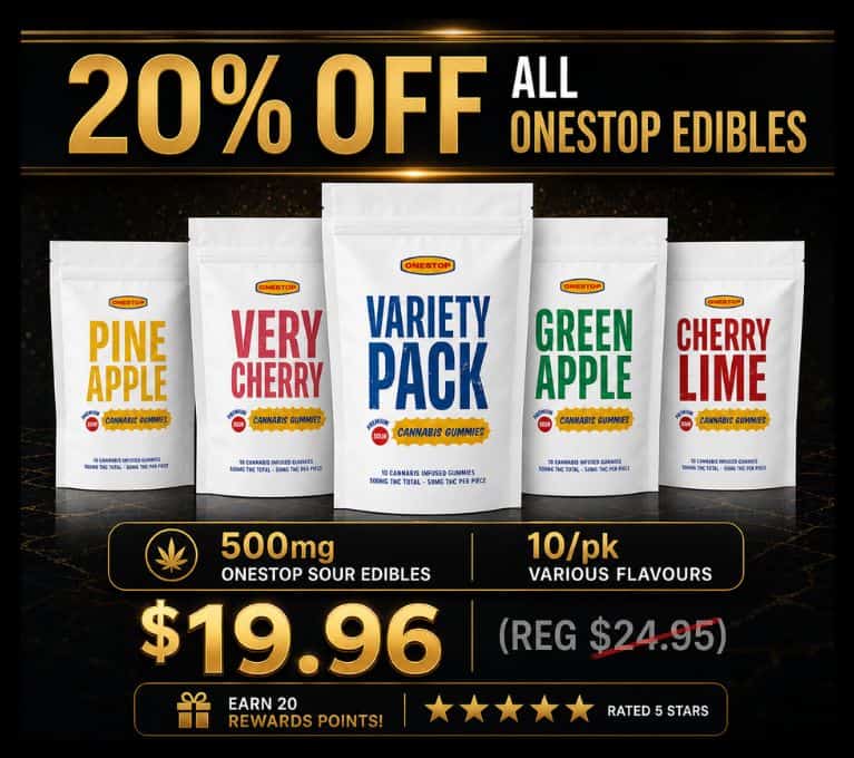 20% off OneStop edibles promotional banner featuring assorted gummy products, 5000mg THC variety pack, and $19.96 sale pricing on dark premium background