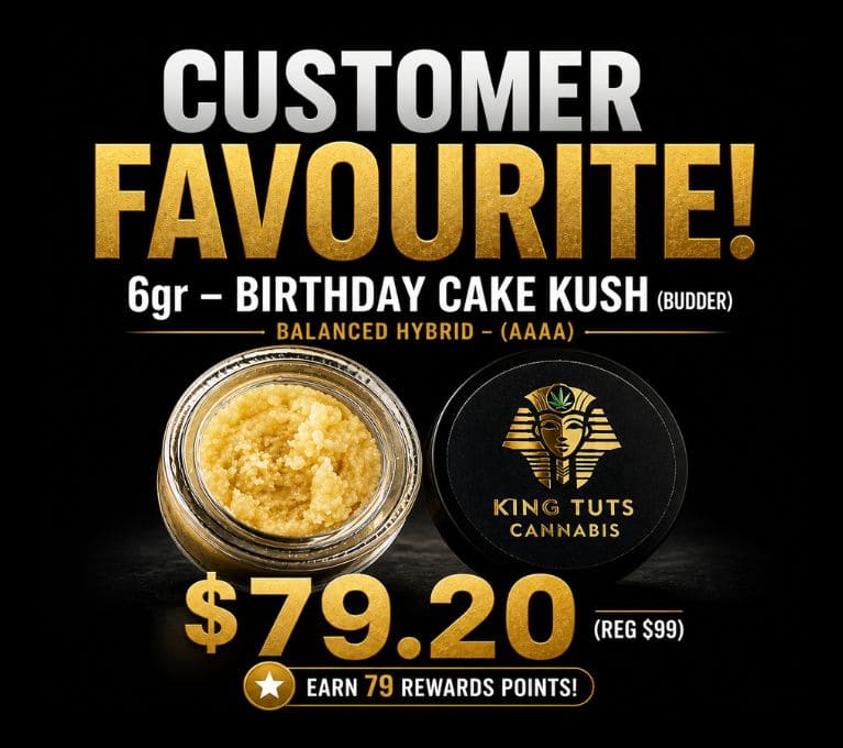 6g Birthday Cake Kush budder balanced hybrid AAAA cannabis concentrate promotional graphic with $79.20 price, rewards points offer, and King Tuts Cannabis branding on black background