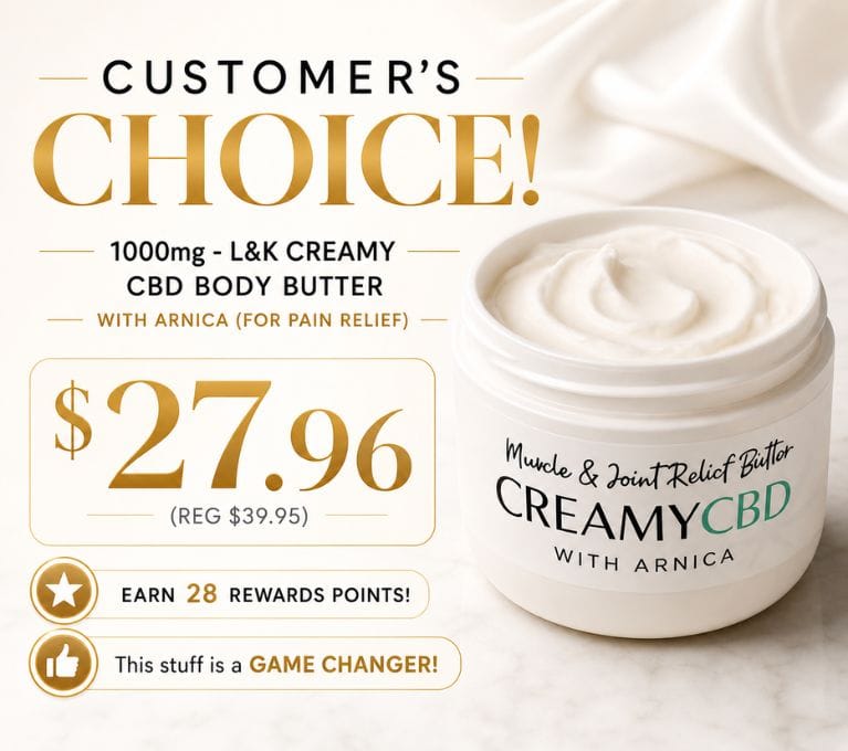 Customer’s choice CreamyCBD topical cream promotional graphic featuring 1000mg CBD body butter, $27.96 pricing, and soft luxury cream-toned background