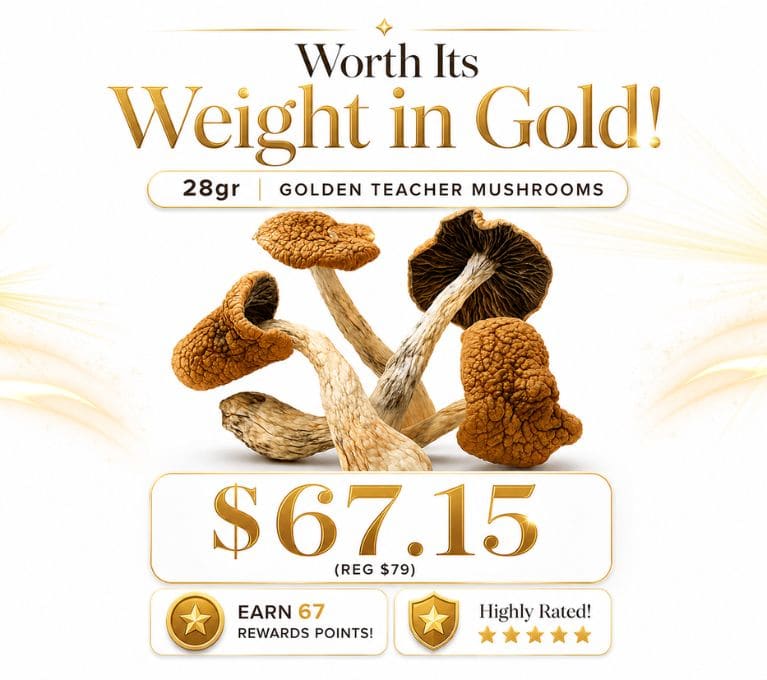 Promotional banner featuring Golden Teacher mushrooms with a clean white and gold luxury design, 28 gram size, dried mushroom imagery, and $67.15 sale pricing.