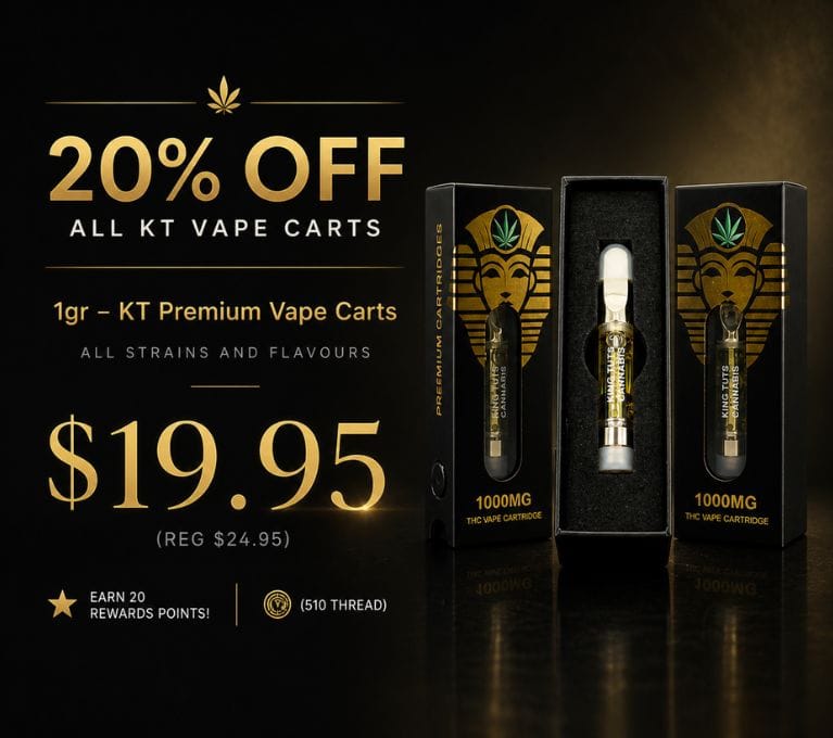 Promotional banner featuring 1 gram vape cartridges with a black and gold luxury design, 20% off all KT vape carts, displayed vape packaging, and $19.95 sale pricing.