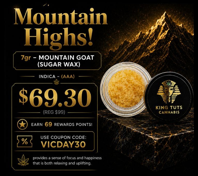 Mountain Goat Sugar Wax cannabis concentrate promo banner featuring a luxury black and gold design, jar of sugar wax extract, mountain background imagery, 7g indica product pricing at $69.30, and VICDAY30 coupon code.