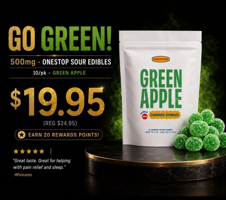 Green Apple cannabis gummies promotion featuring bright green sugar-coated gummies, premium black and gold branding, and 500mg THC edible pricing from King Tut’s Cannabis.