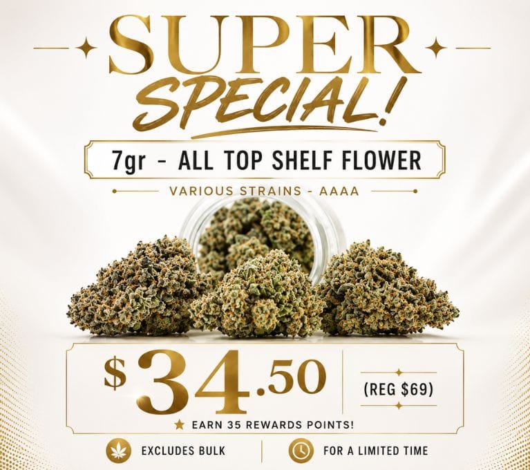 Premium promotional banner for 7gr AAAA top shelf flower featuring cannabis buds on a white luxury background with gold accents, “Super Special” headline, sale price of $34.50, and limited-time cannabis deal branding.