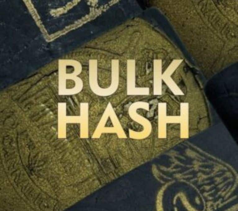 Bulk hash banner with gold embossed typography over a dark textured background featuring cannabis leaves and a caduceus symbol, conveying a premium, medical-inspired aesthetic