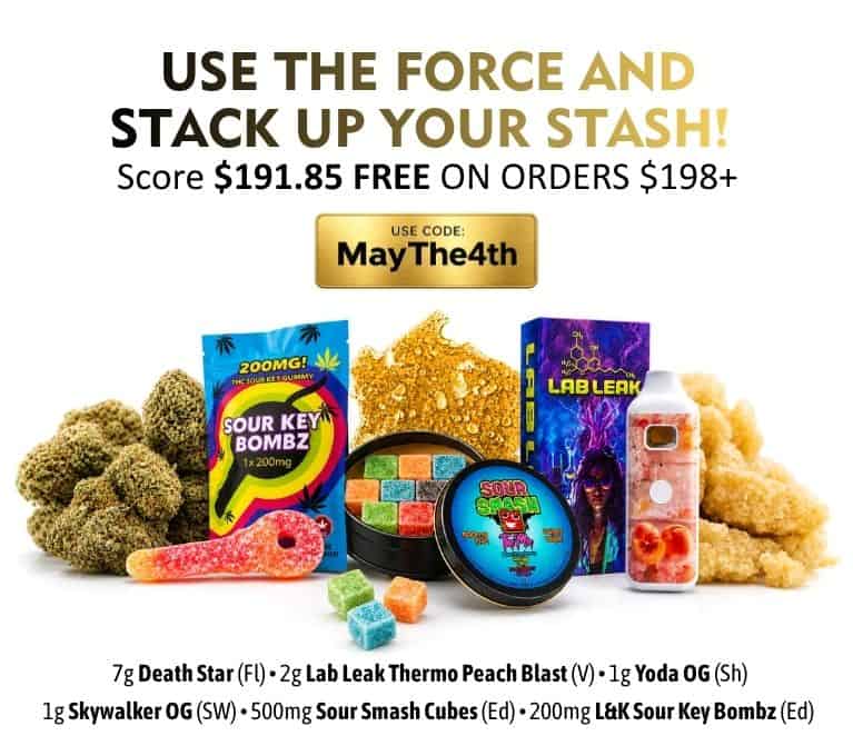 Promotional cannabis bundle graphic featuring flower, gummies, vape, and concentrates with “Use the Force and stack up your stash” headline and MayThe4th discount code.
