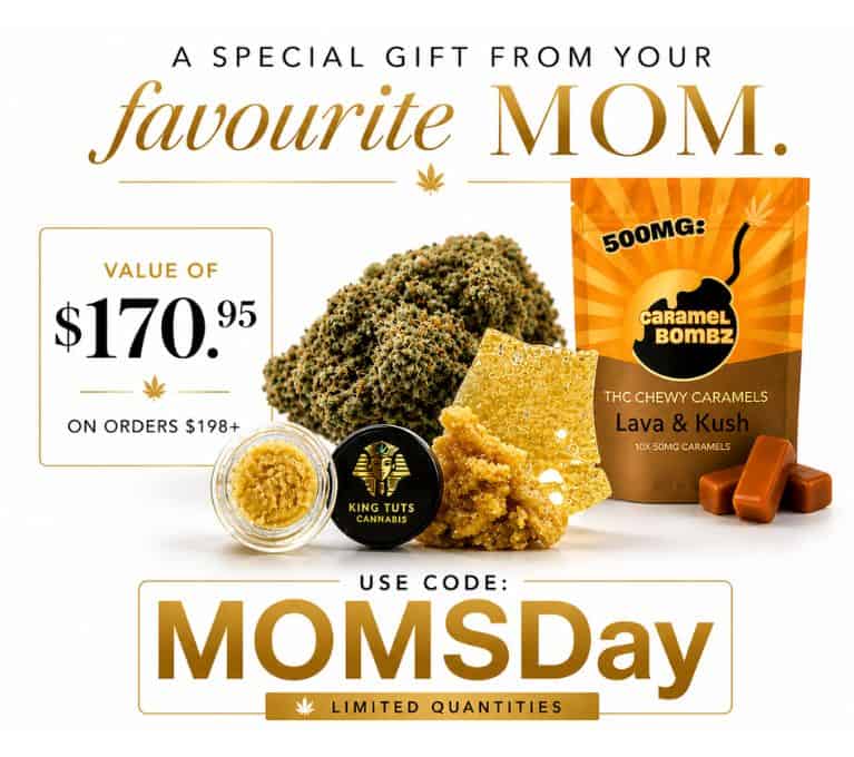 Promotional banner featuring a Mother’s Day cannabis gift offer with gold and white luxury styling, cannabis flower, infused gummies, pre-rolls, and a free $170.95 care package on orders over $198 using code MOMSDay.
