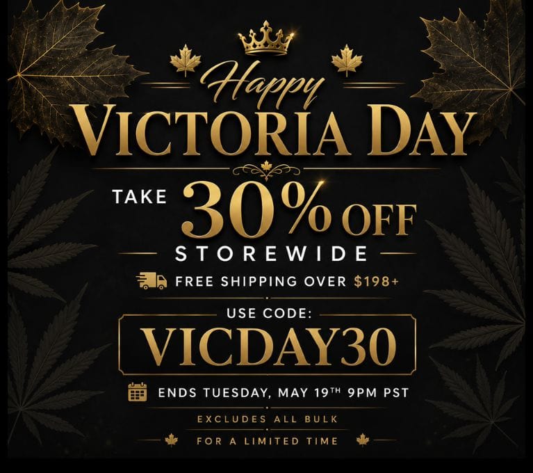 Victoria Day promo banner featuring a black and gold luxury design with “Happy Victoria Day,” 30% off storewide sale, cannabis leaf background accents, free shipping over $198, coupon code VICDAY30, and premium holiday sale styling.