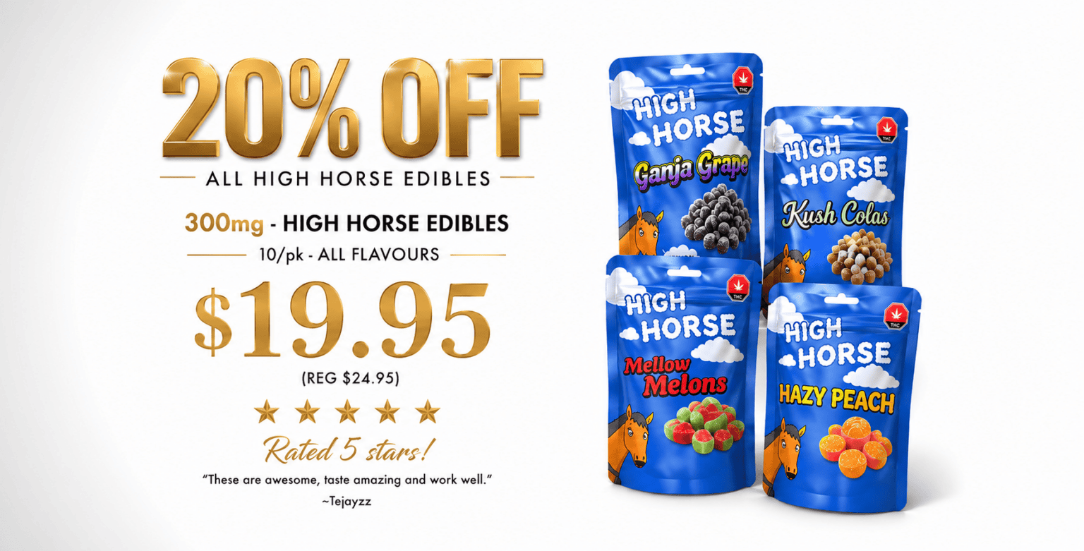 20% off Magic Mushroom gummies promotion featuring Blue Raspberry and Pink Lemonade flavours, 300mg THC and 500mg CBD, priced at $19.95 on a clean white background.