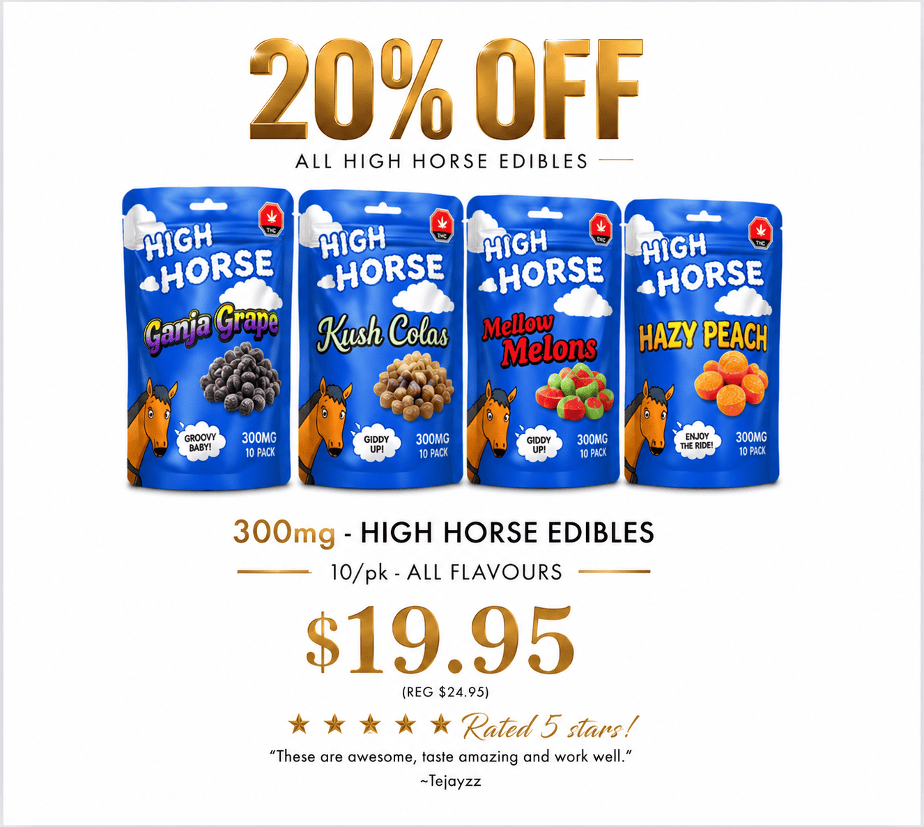 20% off Magic Mushroom gummies promotion featuring Blue Raspberry and Pink Lemonade flavours, 300mg THC and 500mg CBD, priced at $19.95 on a clean white background.