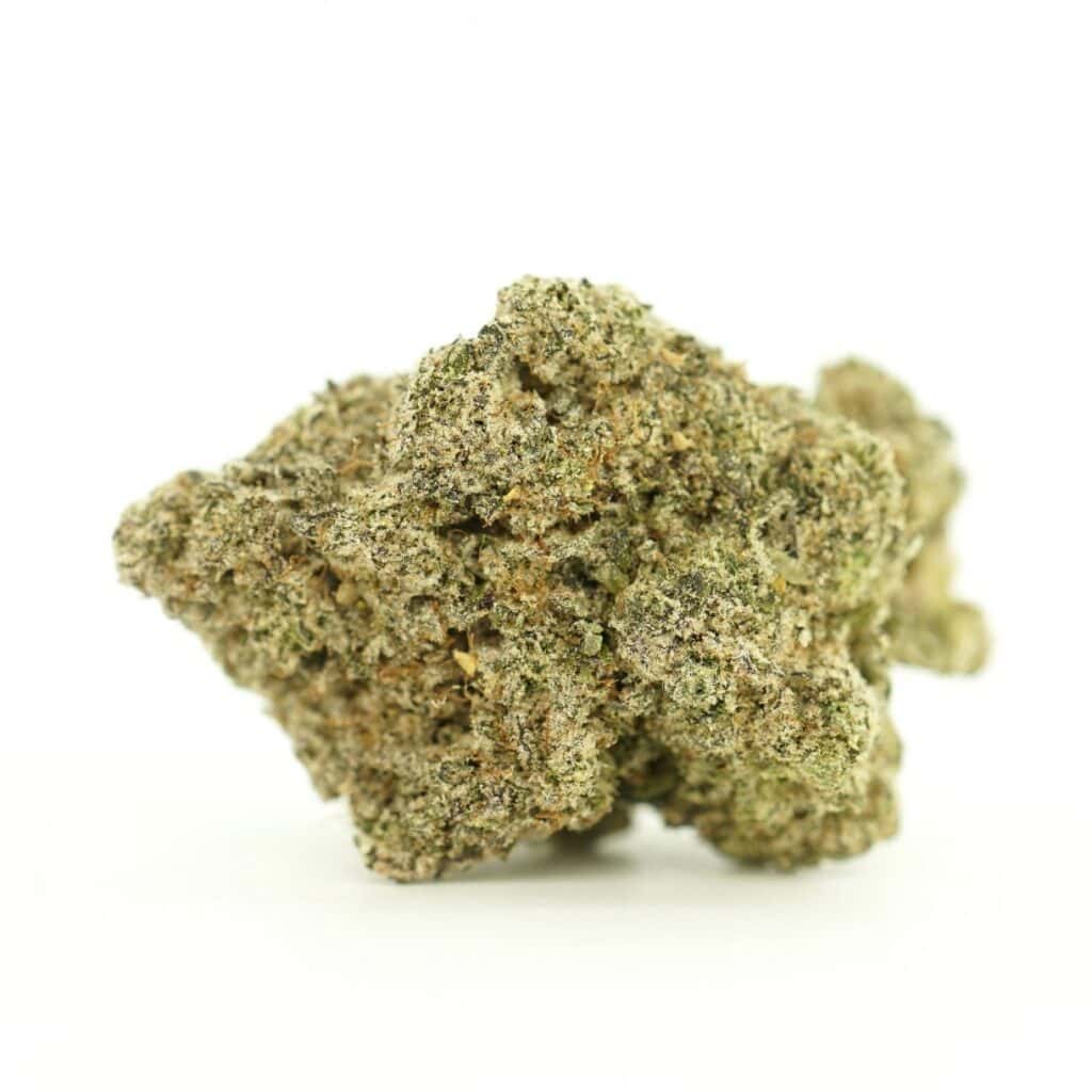 khalifa mints close-up image of cannabis bud with frosty trichomes on a crisp white background