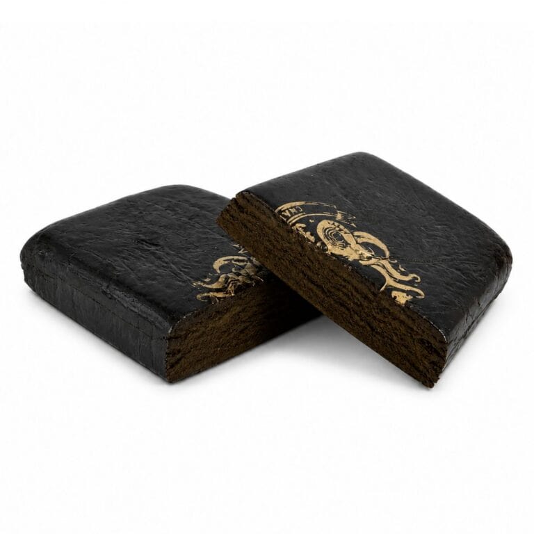 Rectangular pressed hash block featuring a dark marbled finish and embossed branding