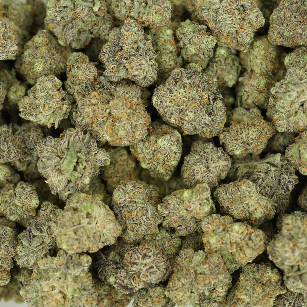 frozen grapes top view of cannabis buds with dense structure, frosty trichomes, and light green coloration