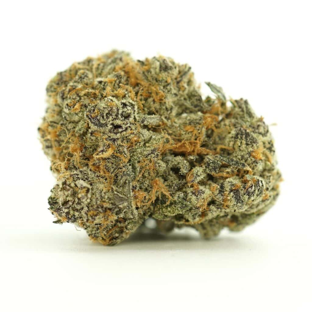 frozen grapes close-up image of cannabis bud with frosty trichomes on a crisp white background