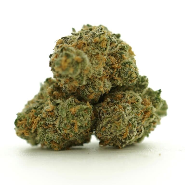 Image of goudaberry smalls cannabis bud with frosty trichomes on a crisp white background