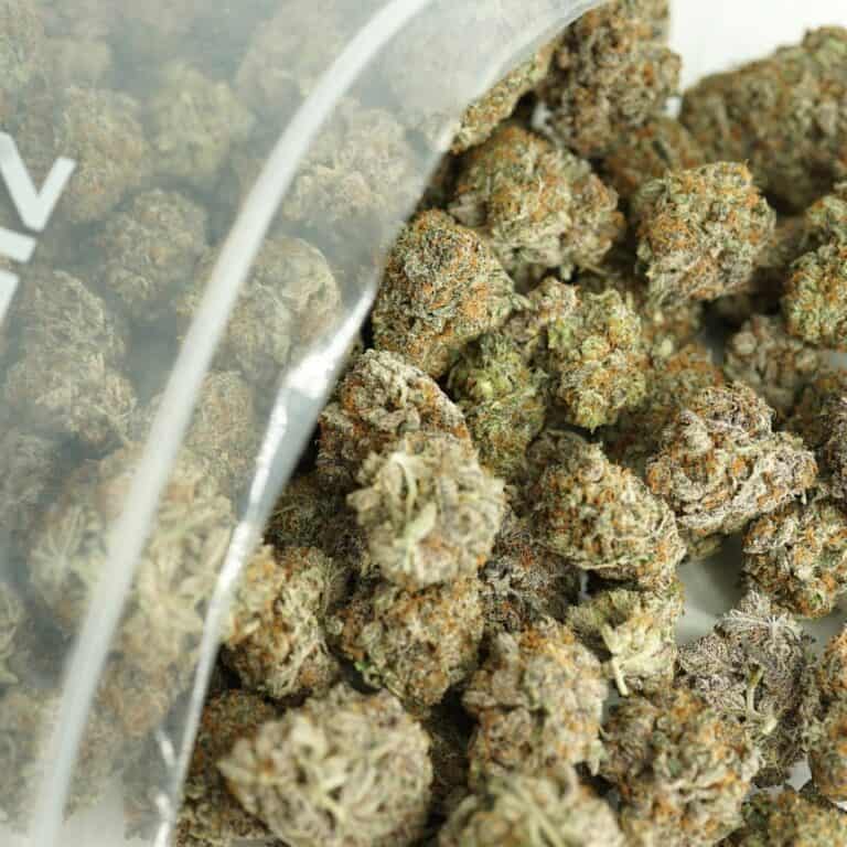 green crack bulk close-up image of cannabis buds spilling out of a clear ZIP-ZAG plastic bag onto a white surface, showing dense green nugs with visible trichomes and orange hairs.