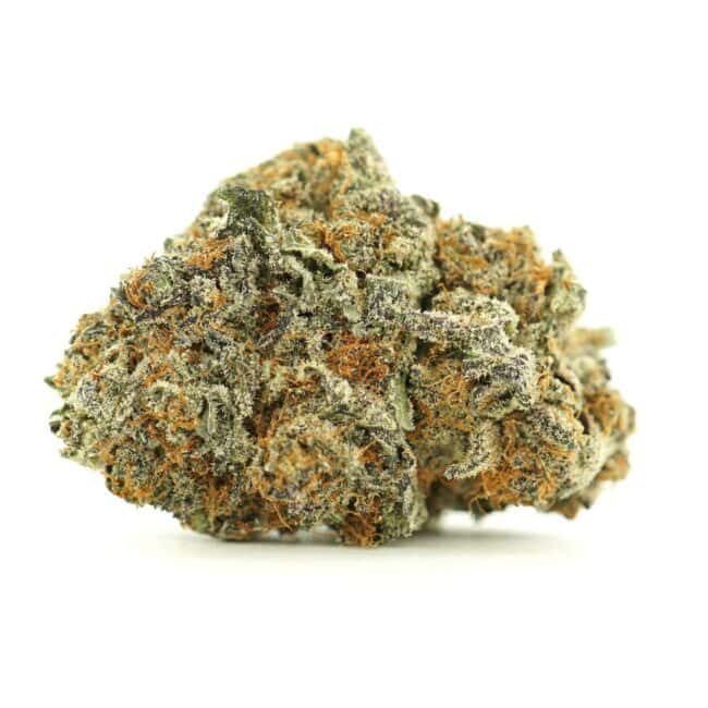 green crack main close-up image of cannabis bud with frosty trichomes on a crisp white background