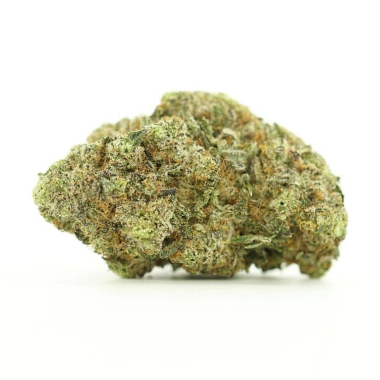 grimace close-up image of cannabis bud with frosty trichomes on a crisp white background