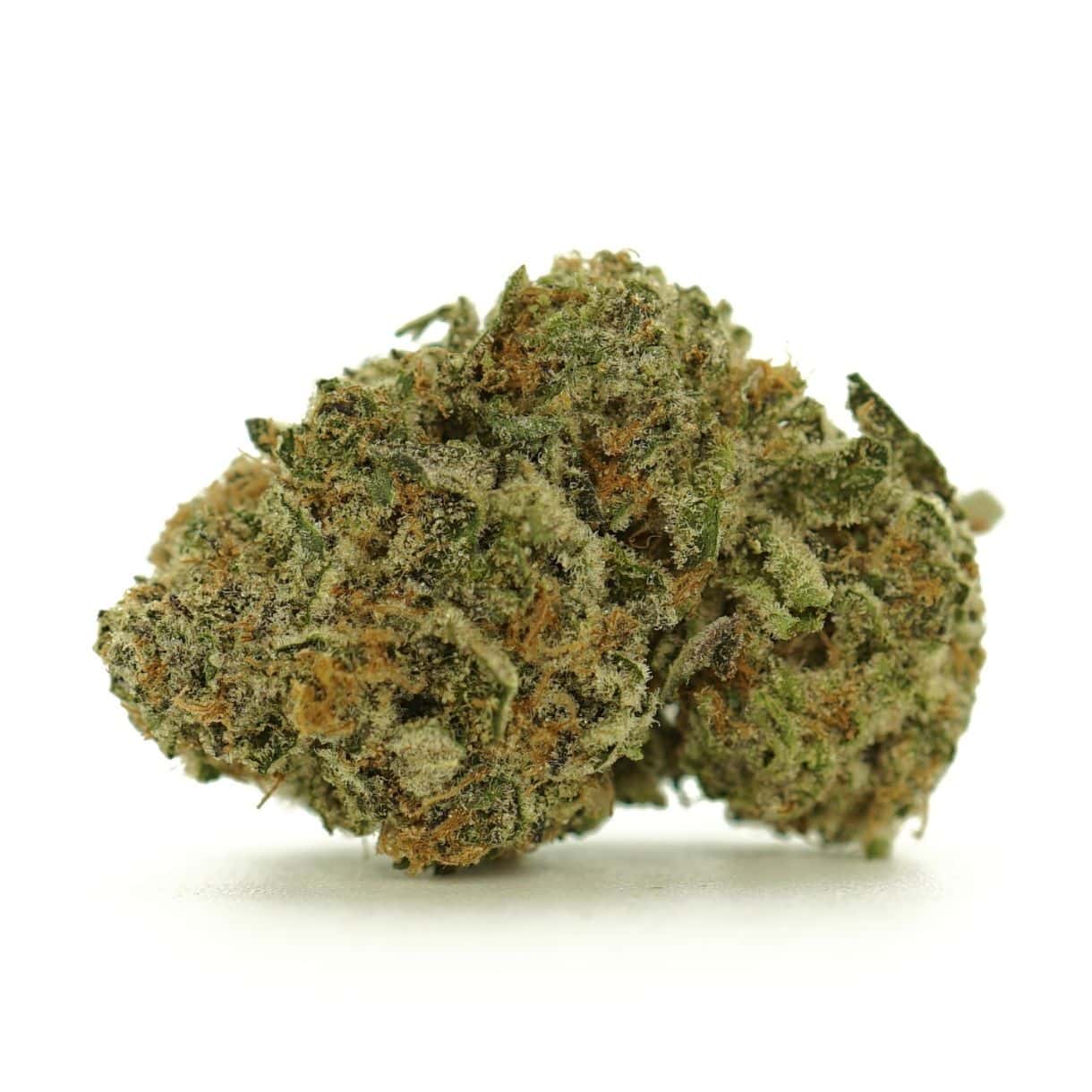lemon pineapple close-up image of cannabis bud with frosty trichomes on a crisp white background