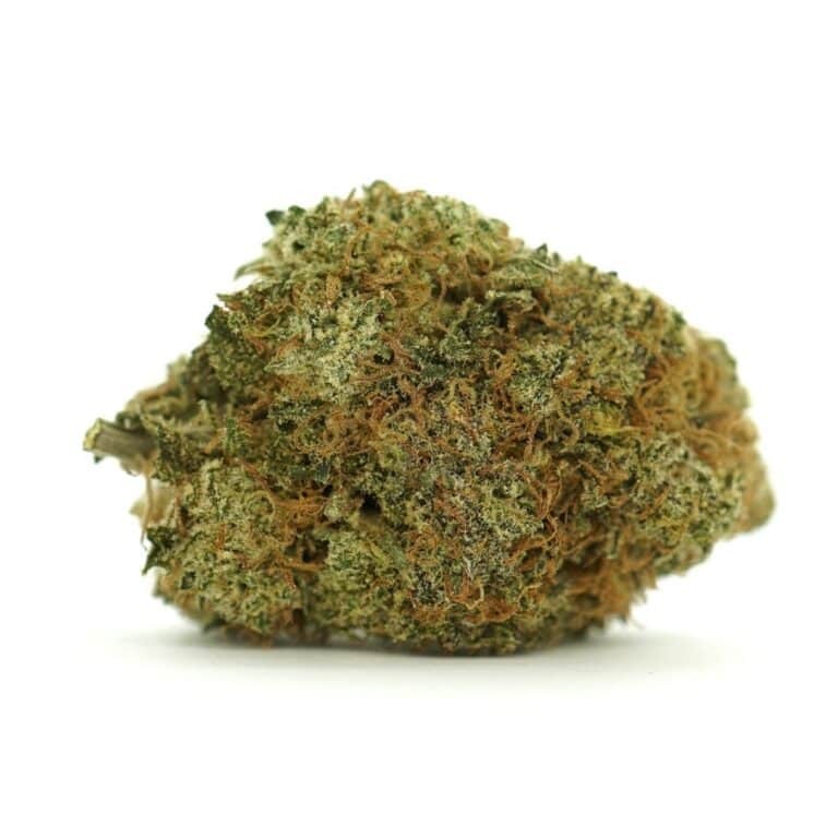Image of lemonhead cannabis bud with frosty trichomes on a crisp white background