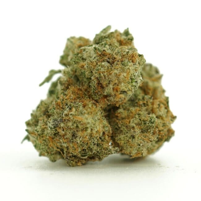 mac n cheese smalls close-up image of cannabis bud with frosty trichomes on a crisp white background