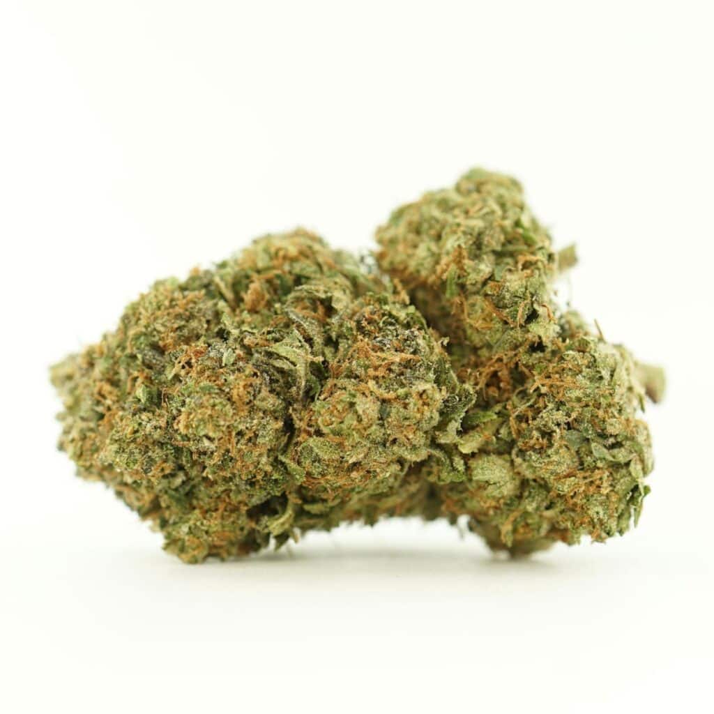 Image of Pink Death cannabis bud with frosty trichomes on a crisp white background