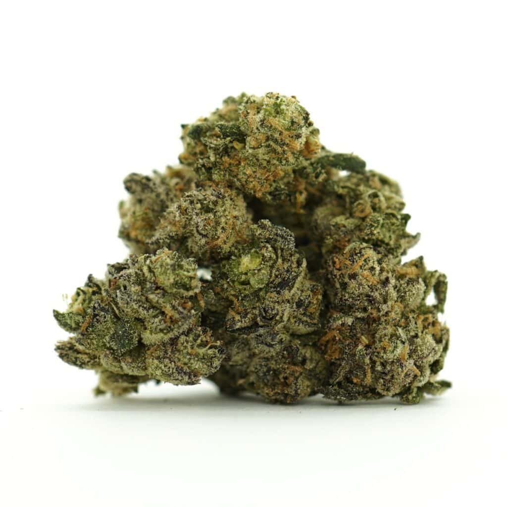 Image of pink lizard micros cannabis bud with frosty trichomes on a crisp white background