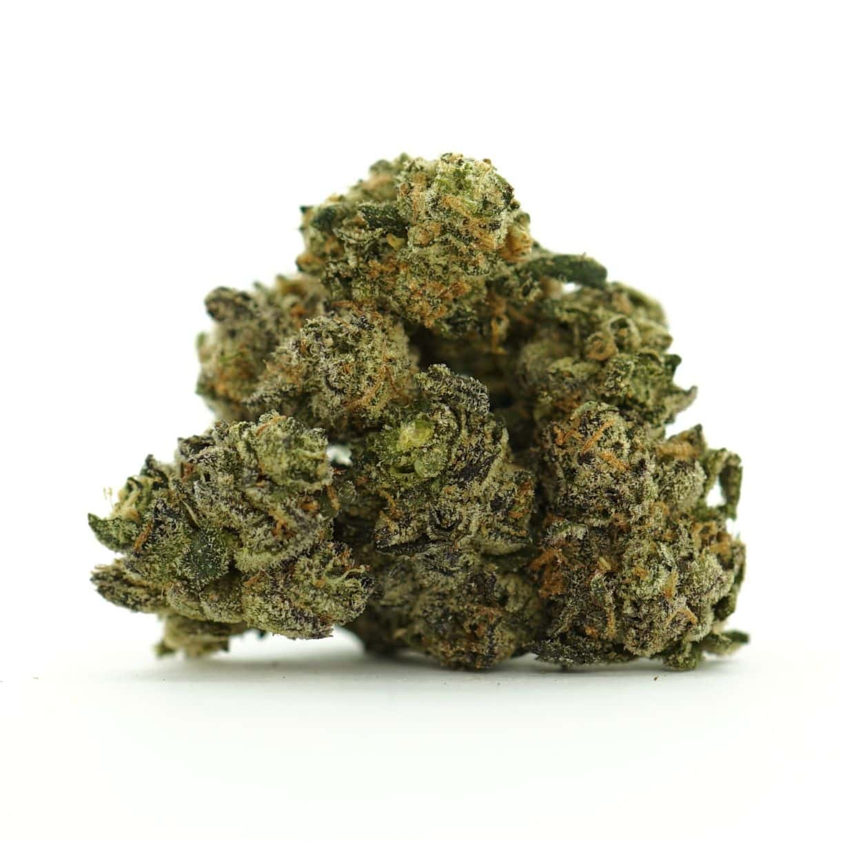 Image of pink lizard micros cannabis bud with frosty trichomes on a crisp white background