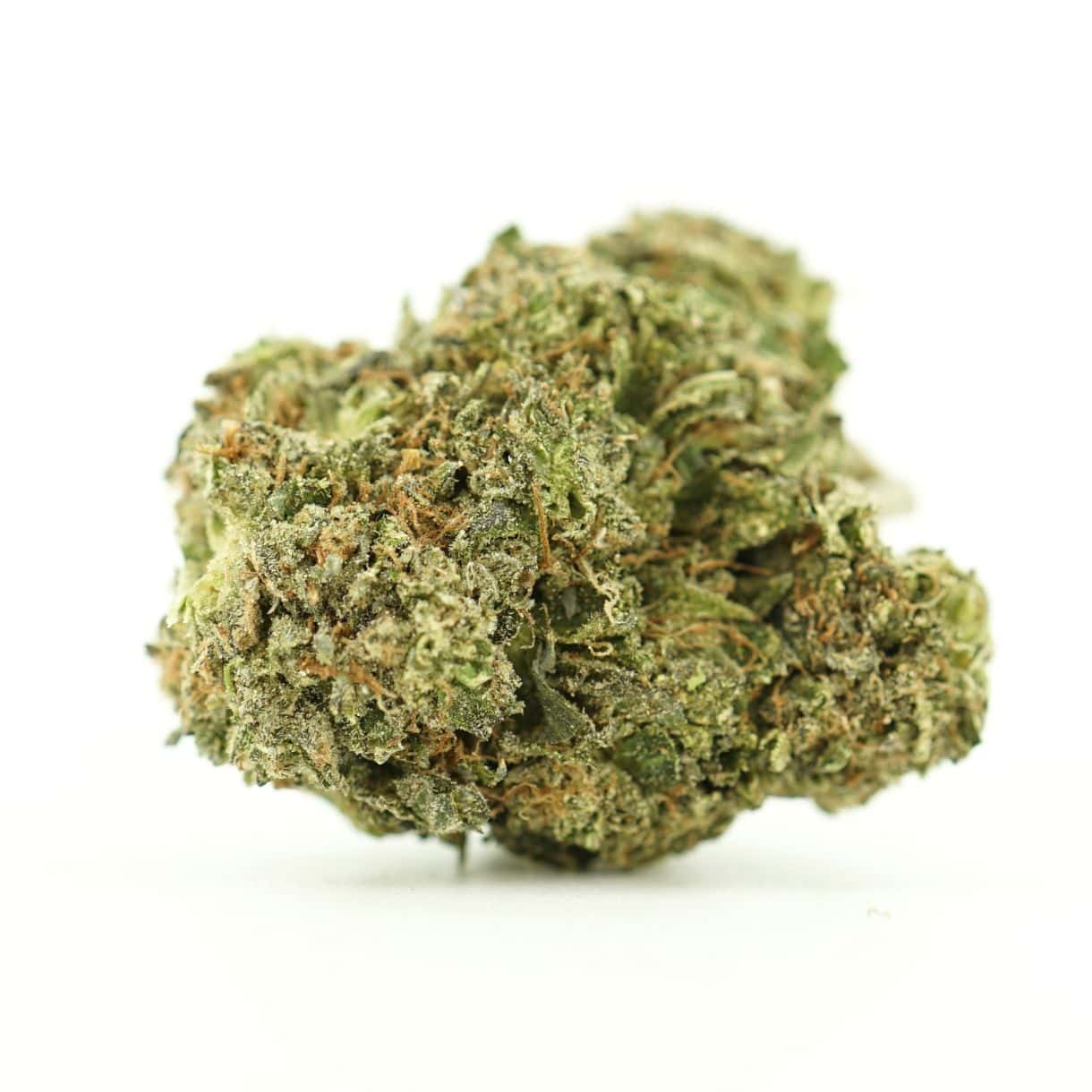 Image of rockstar tuna cannabis bud with frosty trichomes on a crisp white background