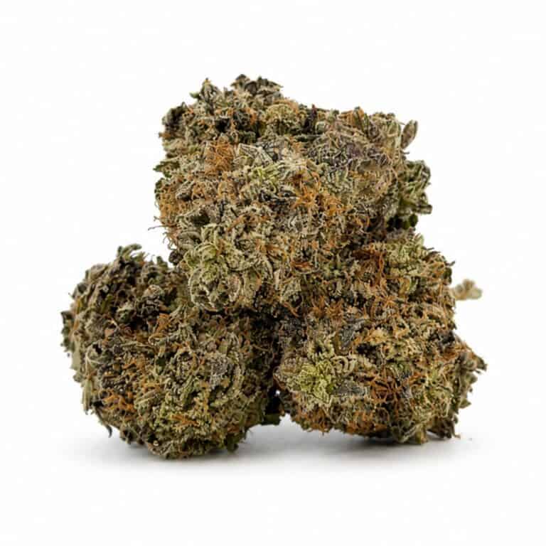 Image of cannabis bud with frosty trichomes on a crisp white background