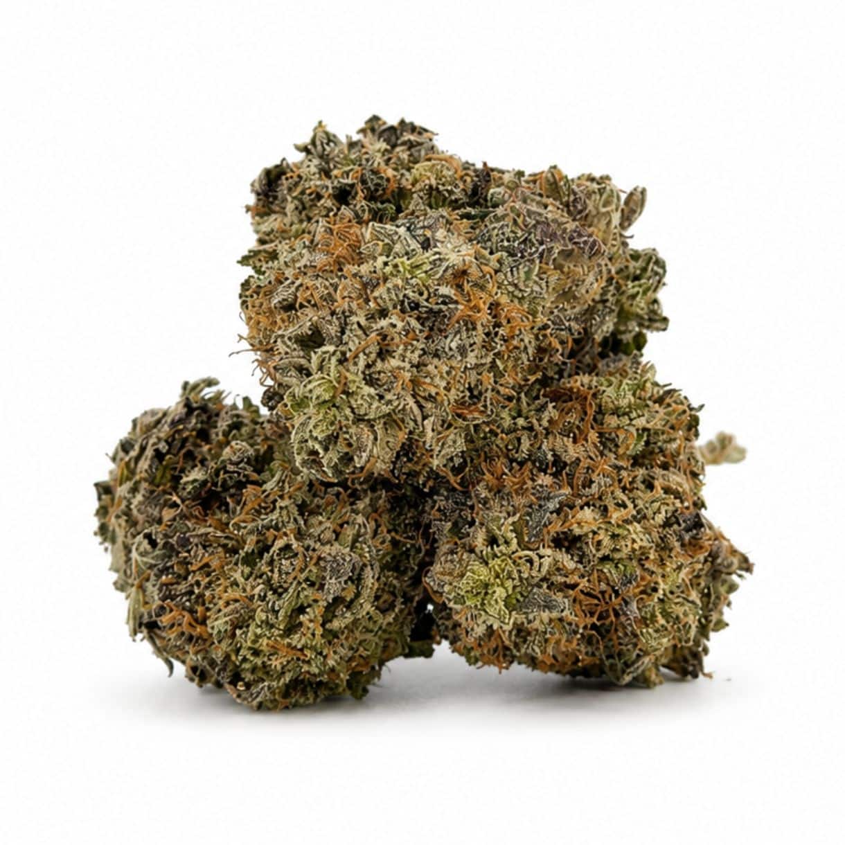 Image of cannabis bud with frosty trichomes on a crisp white background