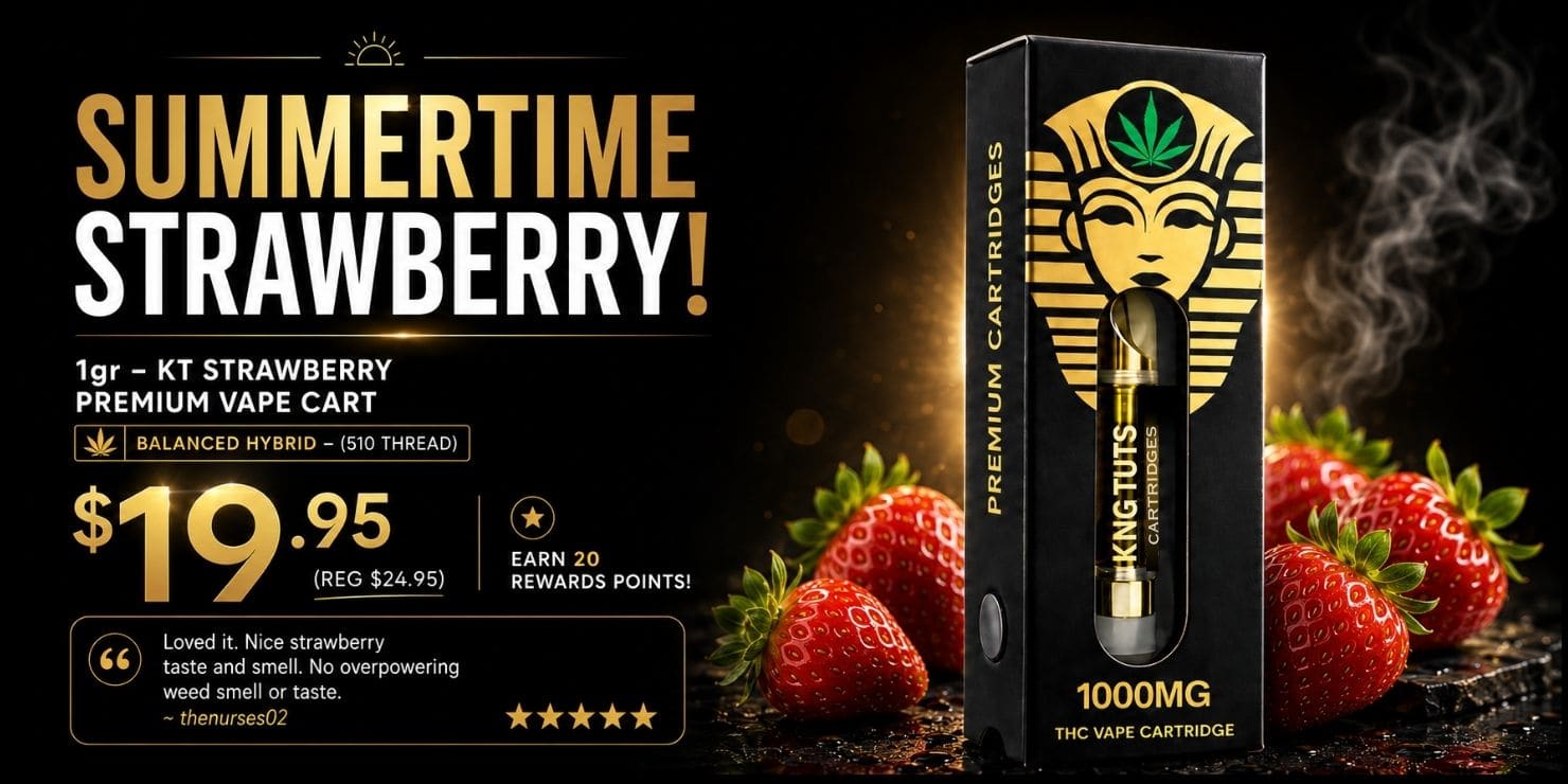Summertime Strawberry promotion featuring a 1g premium vape cart with 1000mg THC, priced at $19.95, displayed with fresh strawberries.